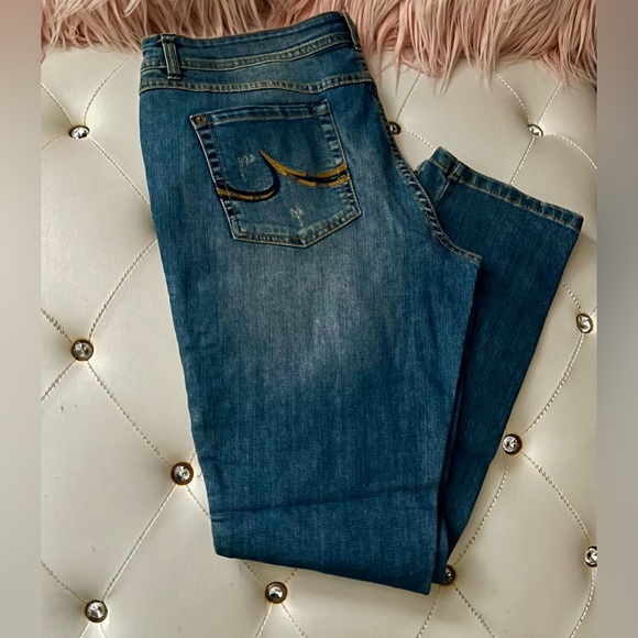 INC International Concepts Blue Medium Wash Patchwork Skinny Jeans Size 16 - Picture 3 of 8